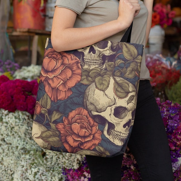 Skull Print Tote Bag, Reusable, Gothic, Eco Friendly, Grocery Tote, Goth, Vintage Flowers, Retro, Steampunk, Halloween, Jacobean Flower