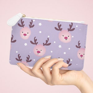 Bolso clutch navideño, billetera de cuero vegano, portatarjetas con cremallera, relleno de medias, billetera telefónica, regalo de mamá, reno, Navidad púrpura