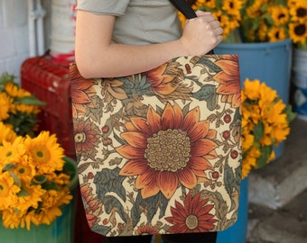 Sunflower Floral Print Tote Bag, Reusable, Nature Lover, Eco Friendly, Grocery Tote, Vintage Flowers, Floral Tote, Retro, Shopper Bag