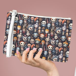Muñeca gótica de muñecas espeluznantes, billetera de cuero sintético, Halloween, titular de tarjeta con cremallera, billetera de teléfono, bolso pequeño, accesorios góticos, regalos de terror
