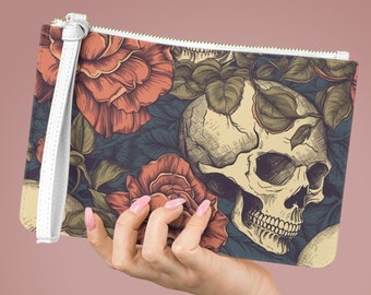 Skull Wristlet, Vegan Leather Wallet, Zipped Card Holder, Goth Accessories, Phone Wallet, Vintage Print, Travel Card Holder, Steampunk