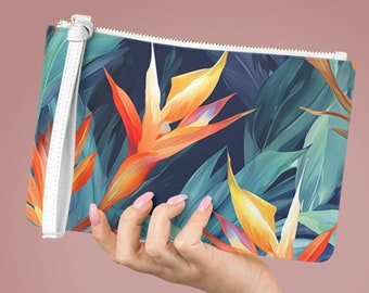 Birds Of Paradise Wristlet, Faux Leather Wallet, Vintage Hawaiian, Retro, Zipped Card Holder, Phone Wallet, Watercolors, Mom Wife Gift