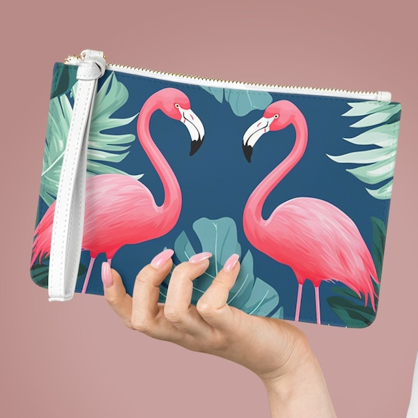 Flamingo Wristlet, Faux Leather Wallet, Palm Leaf Print, Zipped Card Holder, Phone Wallet, Watercolors, Mom Wife Gift, Preppy, Tropical