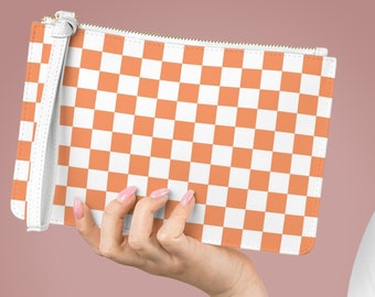 Orange Checkerboard Wristlet, Phone Wallet, Checkered, Clutch Bag, Faux Leather Wallet, Zipped Card Holder, Gifts For Women, Retro Purse