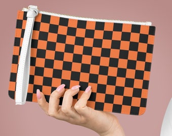 Pulsera de tablero de ajedrez naranja, bolso de embrague, a cuadros negros, billetera de teléfono, billetera de cuero sintético, titular de tarjeta con cremallera, regalos para mujeres, retro