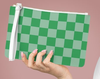 Green Checkerboard Wristlet, Phone Wallet, Faux Leather Wallet, Checkered Bag, Retro, Zipped Card Holder, Gifts For Women, Clutch Purse