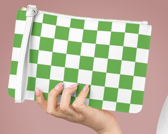 Green Checkerboard Wristlet, Phone Wallet, Faux Leather Wallet, Checkered Bag, Retro, Zipped Card Holder, Gifts For Women, Clutch Purs