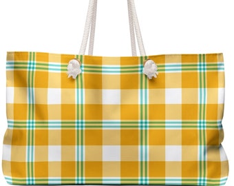 Plaid Weekender Bag, Beach Tote, Preppy, Yellow Blue Plaid, Carry On Luggage, Overnight Bag, Check Print, Shoulder Bag, Vacation Tote