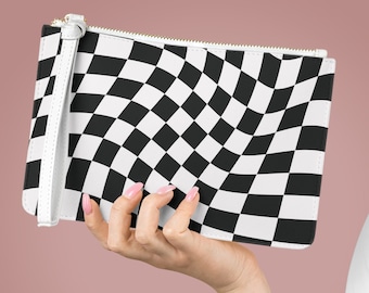 Black Checkerboard Wristlet, Phone Wallet, Faux Leather Wallet, Gifts For Women, Zipped Card Holder, Checkered, Retro, Clutch Purse, Skater