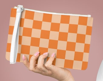 Orange Checkerboard Wristlet, Checkered, Clutch Bag, Phone Wallet, Faux Leather Wallet, Zipped Card Holder, Gifts For Women, Retro Purse