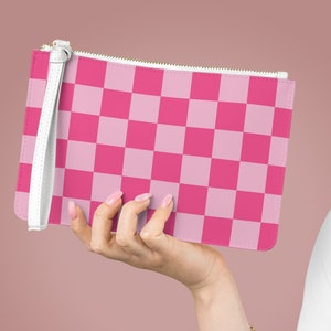 Pulsera de tablero de ajedrez rosa fuerte, billetera de teléfono, billetera de cuero sintético, bolso a cuadros, retro, titular de tarjeta con cremallera, regalos para mujeres, bolso de embrague