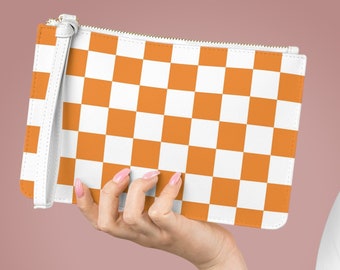 Orange Checkerboard Wristlet, Clutch Bag, Checkered, Phone Wallet, Faux Leather Wallet, Zipped Card Holder, Gifts For Women, Retro Purse