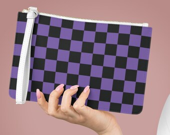 Pulsera de tablero de ajedrez púrpura, billetera de teléfono, billetera de cuero sintético, bolso a cuadros negro, retro, titular de tarjeta con cremallera, regalos para mujeres, embrague