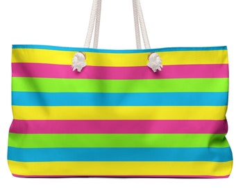 Neon Stripe Weekender Bag, Carry On Luggage, Barbiecore, Overnight Bag, Shoulder Bag, Shopper, 80s, Retro, Girlfriend Gift, Hot Pink