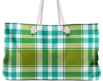 Plaid Weekender Bag, Beach Tote, Preppy, Carry On Luggage, Overnight Bag, Green Blue Plaid, Check Print, Shoulder Bag, Vacation Tote