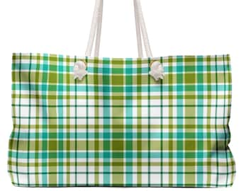 Plaid Weekender Bag, Beach Tote, Preppy, Carry On Luggage, Overnight Bag, Green Blue Plaid, Vacation Tote, Check Print, Shoulder Bag