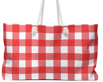 Red White Gingham Weekender Bag, Preppy Aesthetic, Plaid, Beach Tote, Carry On Luggage, Overnight Bag, Gingham Check, Shoulder Bag
