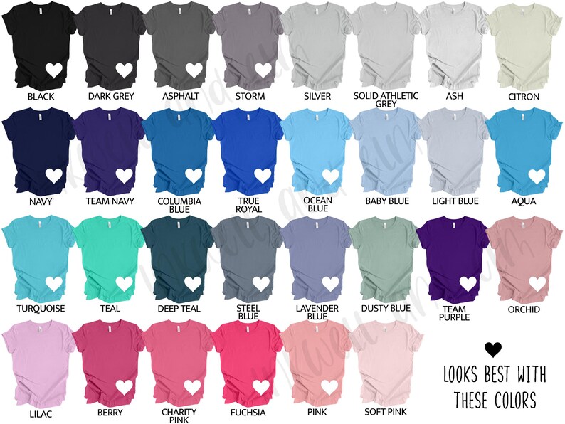 May include: A selection of short-sleeved t-shirts in a range of colours, such as black, navy, and pink. Each shirt features a white heart design. The image also includes text suggesting the best colour combinations.