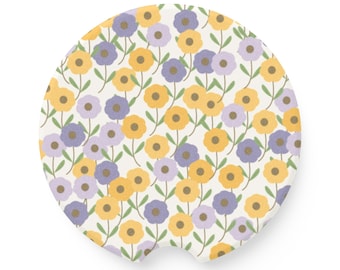 Floral Car Coaster, Wildflower Cup Holder Insert, Cottagecore Gift, Cute Car Decor, Vintage Floral Soapstone Coaster