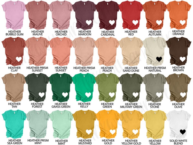 May include: A selection of short-sleeved t-shirts in a range of colours, such as pink, red, green, and yellow. Each shirt features a heart graphic and a colour name printed underneath. The shirts are shown against a white backdrop.
