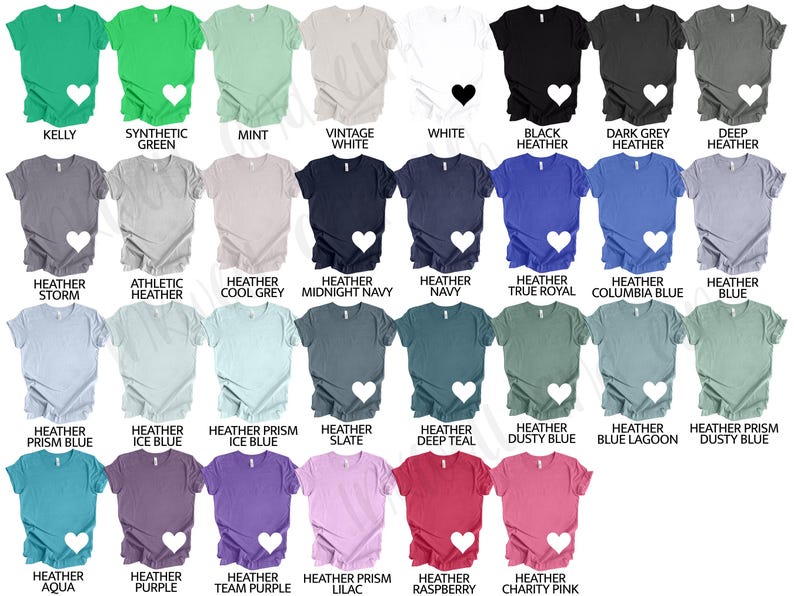 May include: A selection of short-sleeved t-shirts in a range of colours, including green, blue, and pink. Each shirt has a white heart graphic. The shirts are labelled with colour names such as "Kelly," "Mint," and "Heather."