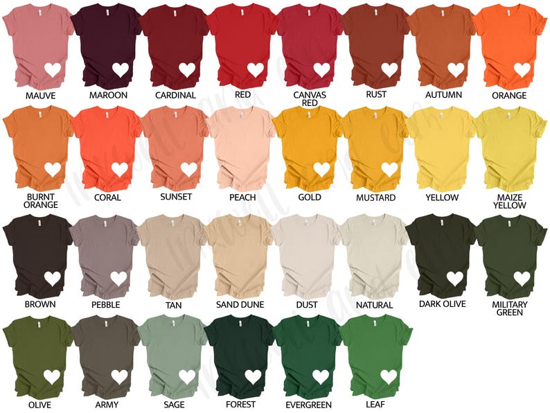 May include: A selection of V-neck t-shirts in a variety of colours, such as mauve, maroon, and red. Each shirt features a white heart design. The colour palette includes warm tones like orange and gold, alongside cooler shades like green and olive.