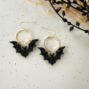 Dangly Bat Earrings, Halloween Bat Earrings, Bat Earrings with Circle, Cute Halloween Earrings, Clay Bat Earrings