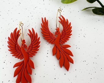 Phoenix Earrings, Bird Hoop Earrings, Phoenix Hoop Earrings, Statement Hoop Earrings, Red Orange Bird Earrings, Polymer Clay Hoop Earrings