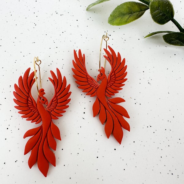 Phoenix Earrings, Bird Hoop Earrings, Phoenix Hoop Earrings, Statement Hoop Earrings, Red Orange Bird Earrings, Polymer Clay Hoop Earrings