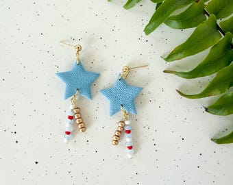 Denim Star Dangle Earrings: Patriotic Beaded Statement Jewelry