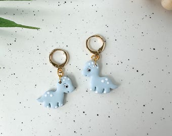 Blue Brontosaurus Huggie Earrings: Polymer Clay Dinosaur Jewelry