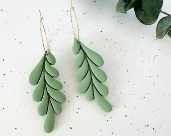 Sage Green Earrings, Leaf Earrings, Botanical Earrings, Leaf Hoop Earrings, Flower Earrings, Boho Earrings, Spring Earrings, Clay Earrings