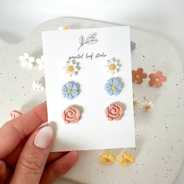 Flower Stud Earrings, Spring Stud Earrings, Pack of Stud Earrings, Floral Stud Earrings, White Flower Earrings, Pink Flower Earrings