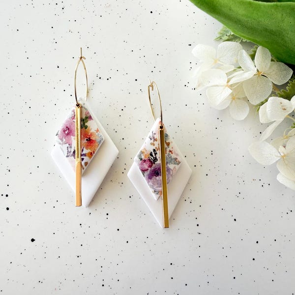 Geometric Hoop Earrings: White and Gold Floral Hoops - Lightweight Spring Jewelry