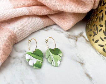 Monstera Earrings, Variegated Monstera Earrings, Jungle Leaf Earrings, Plant Lover Gift, Leaf Earrings, Leaf Hoop Earrings, Plant Earrings