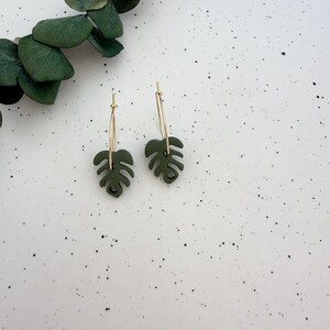 Gold Hoop Earrings: Green Monstera Leaf - Everyday Jewelry