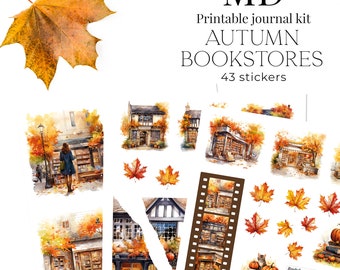 Autumn bookstores - Printable planner and bujo aesthetic stickers, Junk journal, Print and cut autumn stickers