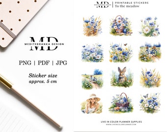 To the meadow - Printable planner and bujo aesthetic stickers, Junk journal, Print and cut tags