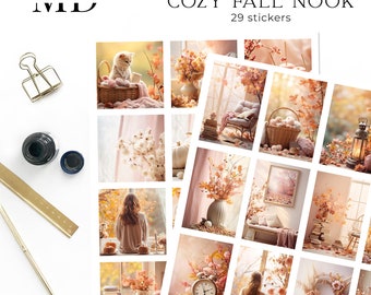 Cozy fall nook - printable aesthetic photo stickers, bullet journal stickers, planner stickers, collage stickers, vision board, mood board