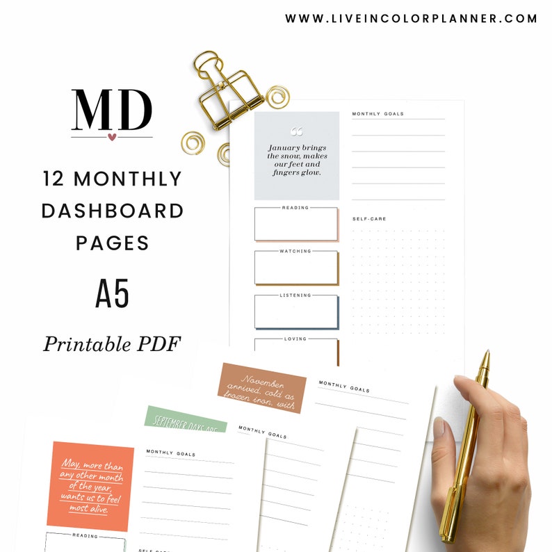 Monthly dashboard pages Planner Printable A5 Binder Inserts Currently image 1