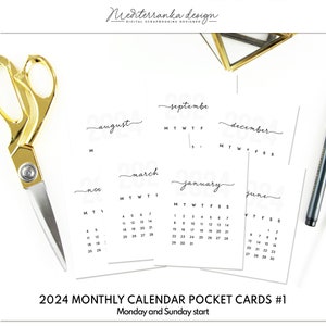 2024 monthly calendar pocket cards, Digital Project Life Cards, 3x4, Printable Journaling Cards, project 52 image 1