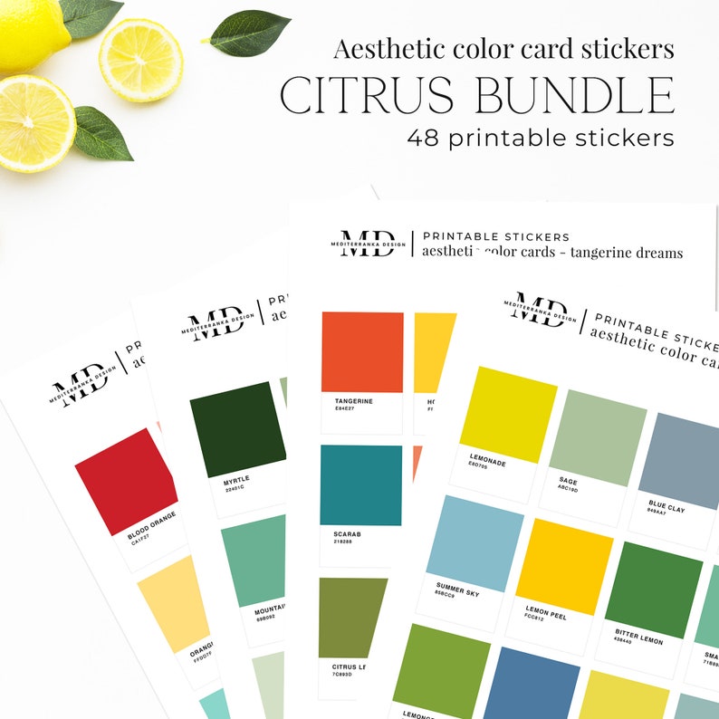 Citrus Printable color swatch pantone style planner and bujo aesthetic stickers, Junk journal, Print and cut tags image 1