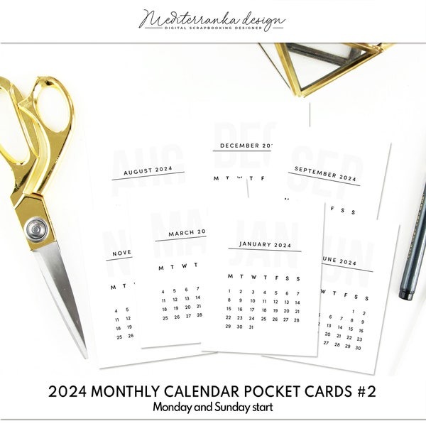 2024 Monatskalender Taschenkarten, Digitales Project Life Karten, 3x4, Printable Journaling Karten, Projekt 52