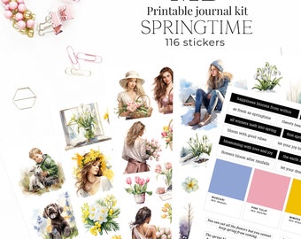Springtime - printable aesthetic stickers, bujo stickers, travelers notebook, planner, print and cut, instant download
