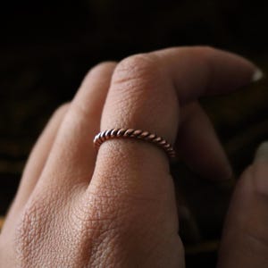 May include: A thin, twisted copper ring on a finger.