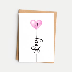 Personalised 21st Birthday Card For Women, 21st Birthday Card, Woman, Women, Her, 16 Heart Shaped Balloon Colours, Any Name, Any Age image 1