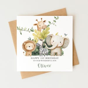 1st Birthday Card For Boys, Personalised, Son, Grandson, Godson, Brother, Nephew, Little Boy, Safari Animals, Jungle