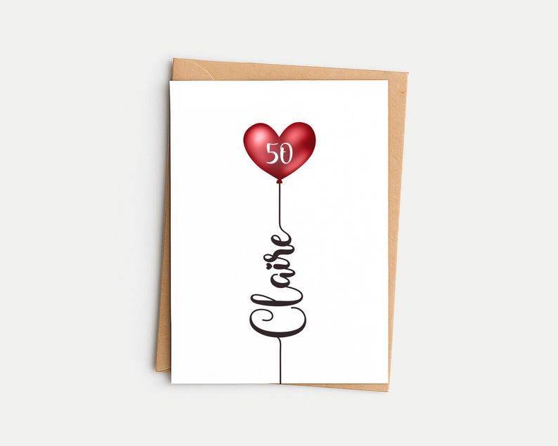 50th Birthday Card, Personalised For Her, Milestone Greeting Card, Mum, Daughter, Sister, Aunty, Niece, Friend, Name and Age, Heart Balloon image 1