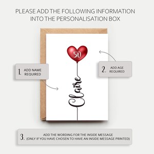 50th Birthday Card, Personalised For Her, Milestone Greeting Card, Mum, Daughter, Sister, Aunty, Niece, Friend, Name and Age, Heart Balloon image 4