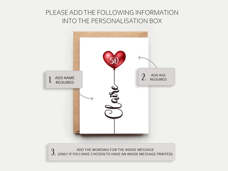50th Birthday Card, Personalised For Her, Milestone Greeting Card, Mum, Daughter, Sister, Aunty, Niece, Friend, Name and Age, Heart Balloon image 4